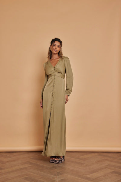 Kitty Satin V Neck Dress - Olive Green - Maids to Measure