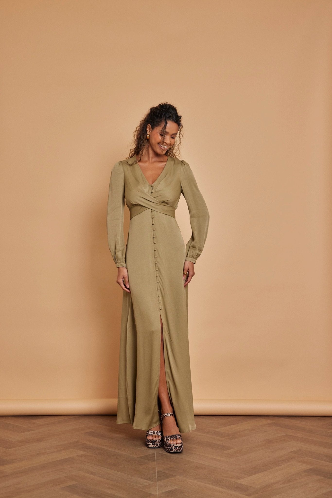 Kitty Satin V Neck Dress - Olive Green - Maids to Measure