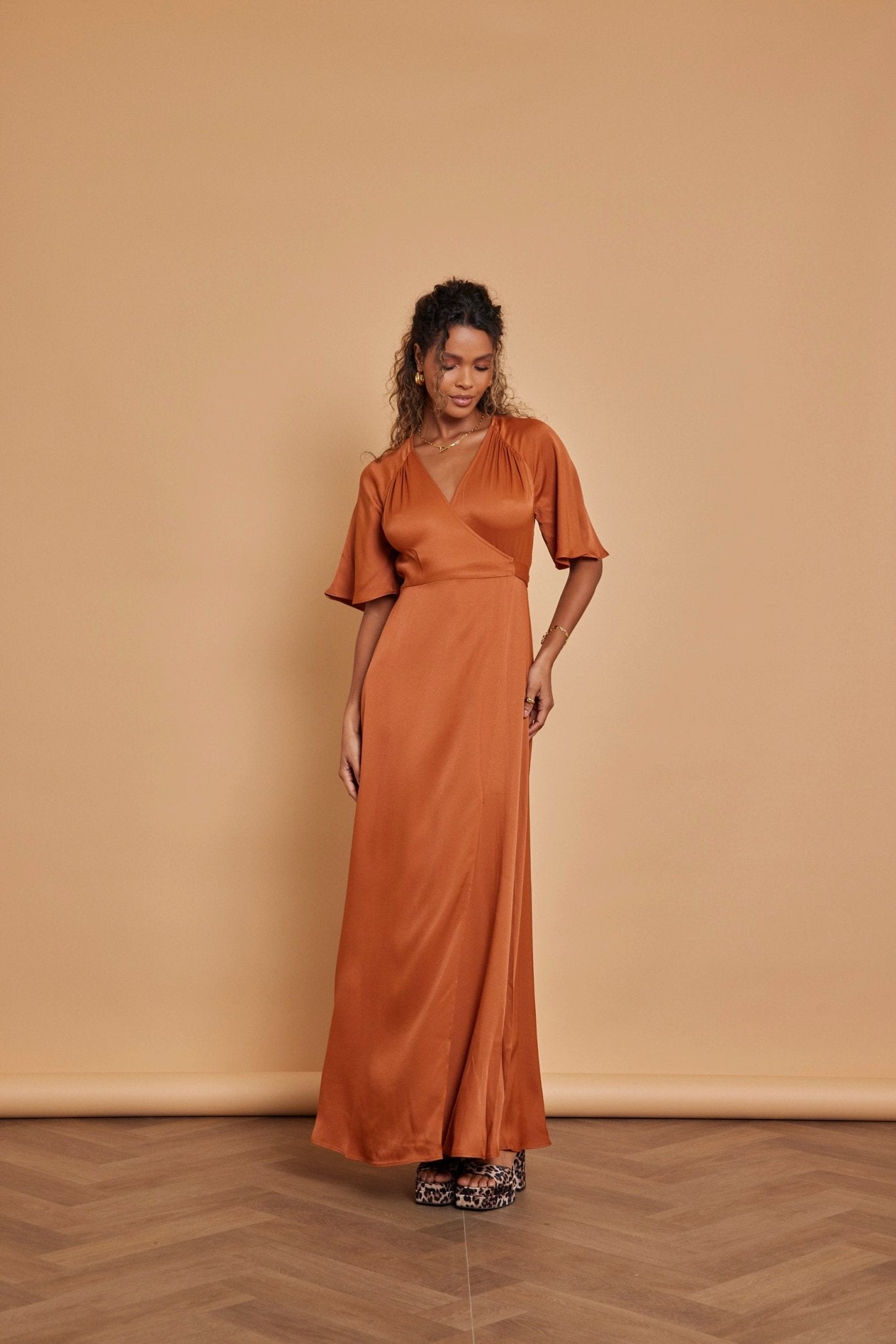 Margot Satin Wrap Dress - Burnt Orange - Maids to Measure