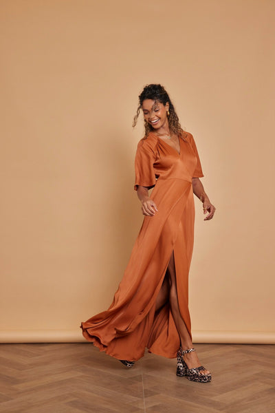 Margot Satin Wrap Dress - Burnt Orange - Maids to Measure