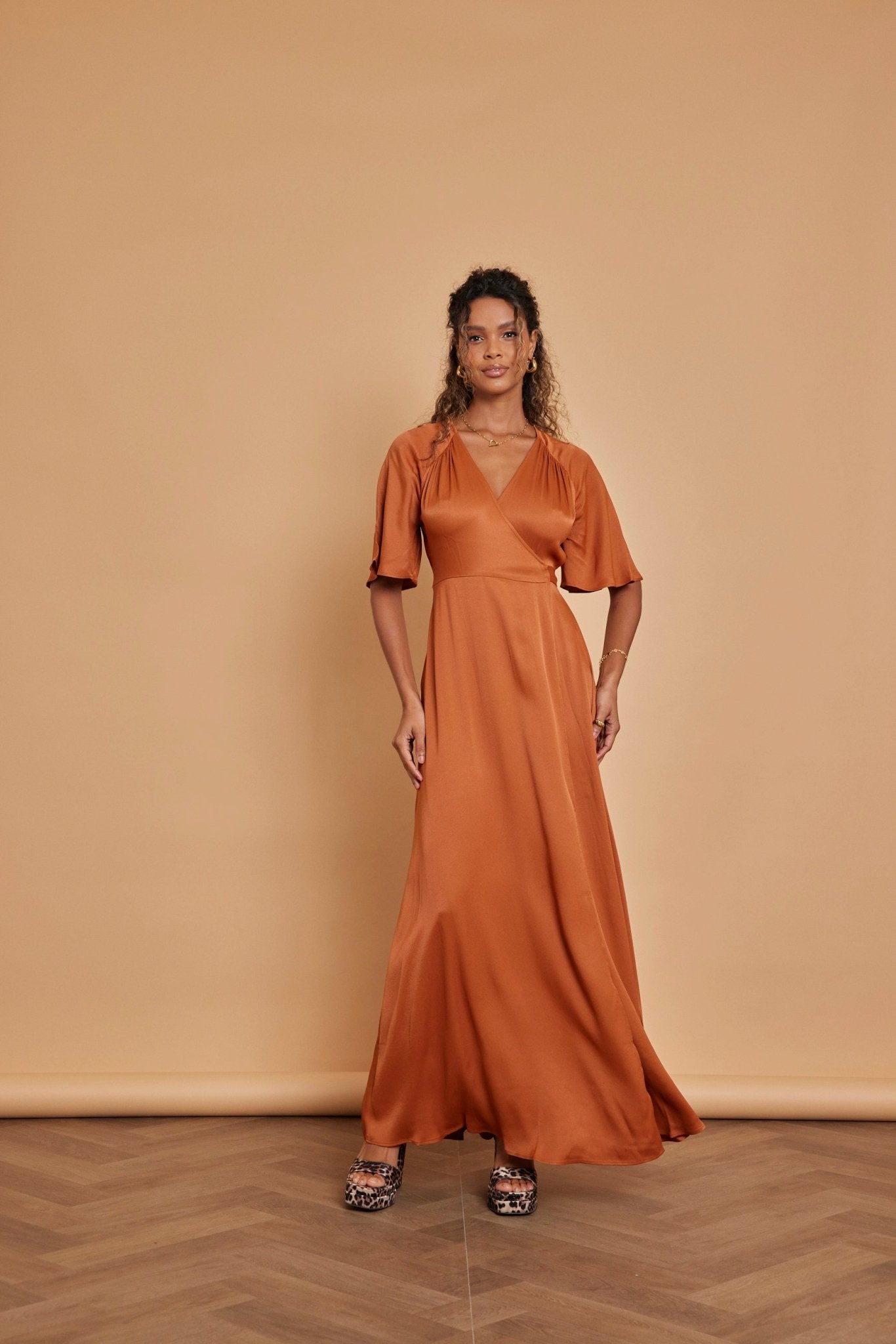 Margot Satin Wrap Dress - Burnt Orange - Maids to Measure