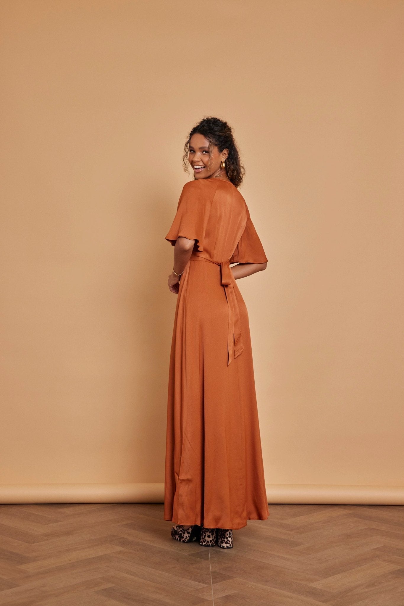 Margot Satin Wrap Dress - Burnt Orange - Maids to Measure