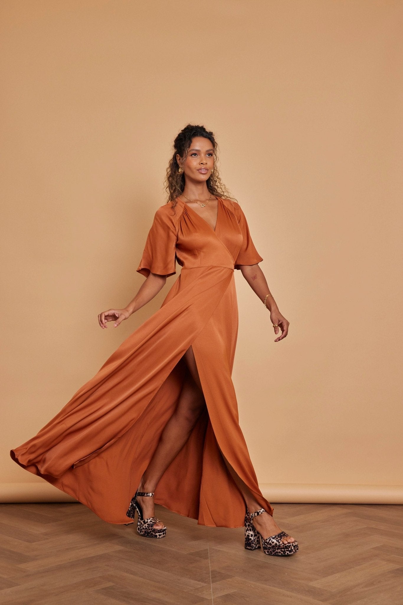 Margot Satin Wrap Dress - Burnt Orange - Maids to Measure