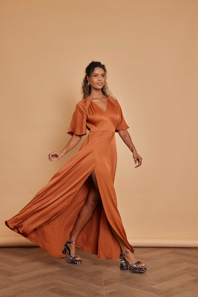 Margot Satin Wrap Dress - Burnt Orange - Maids to Measure