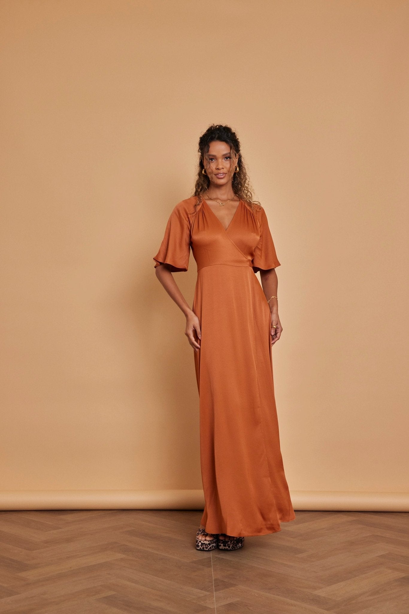 Margot Satin Wrap Dress - Burnt Orange - Maids to Measure