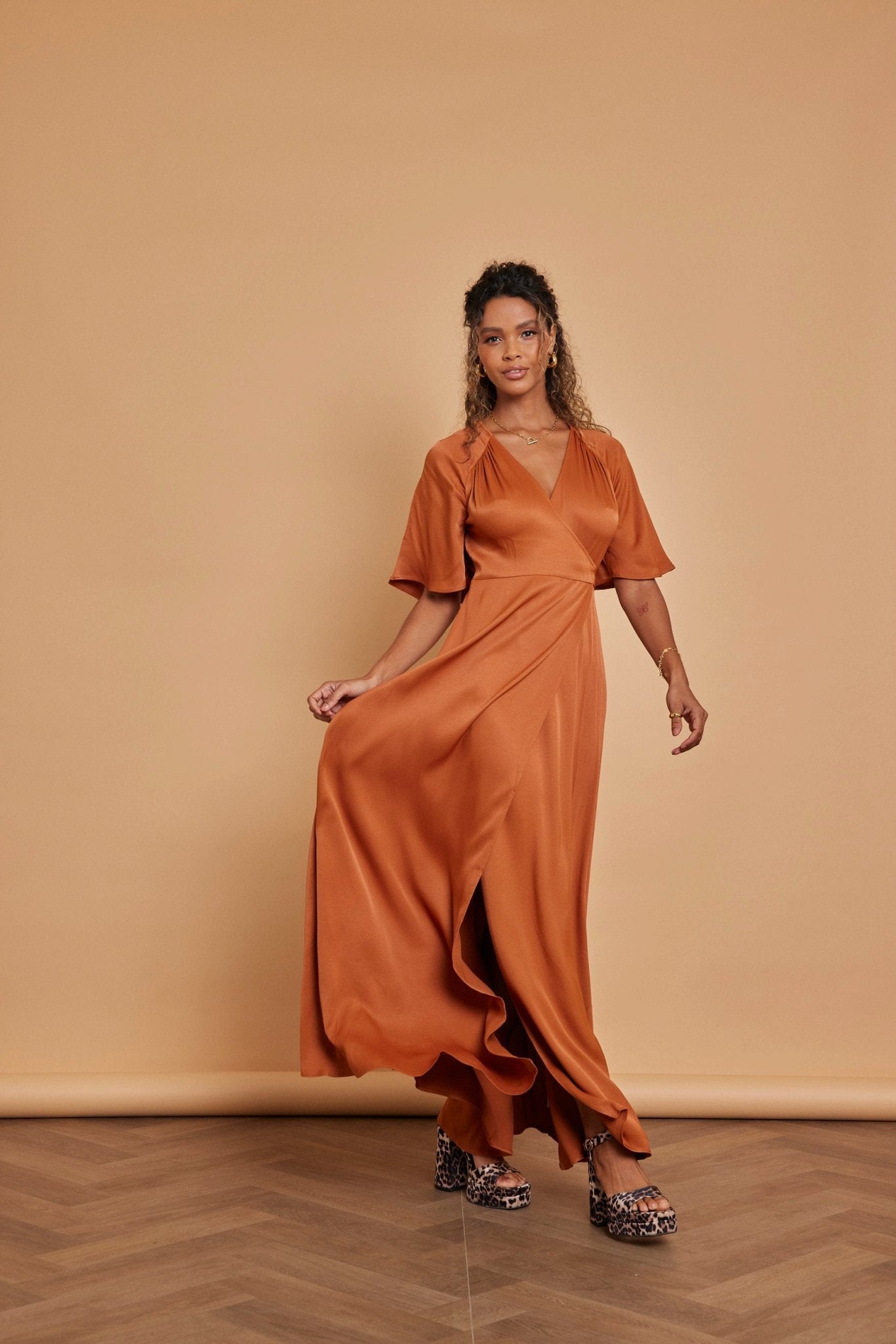 Margot Satin Wrap Dress - Burnt Orange - Maids to Measure