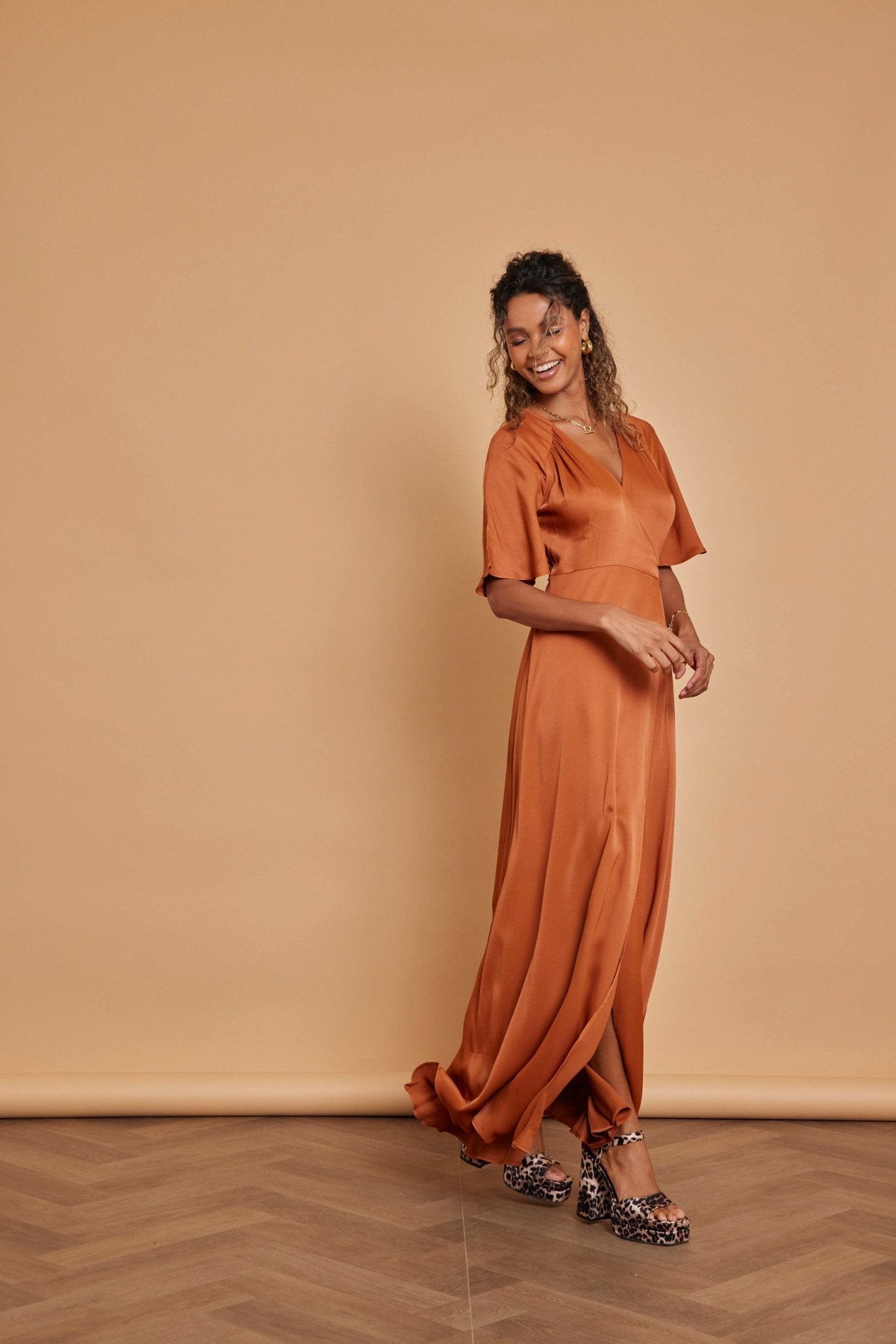 Margot Satin Wrap Dress - Burnt Orange - Maids to Measure