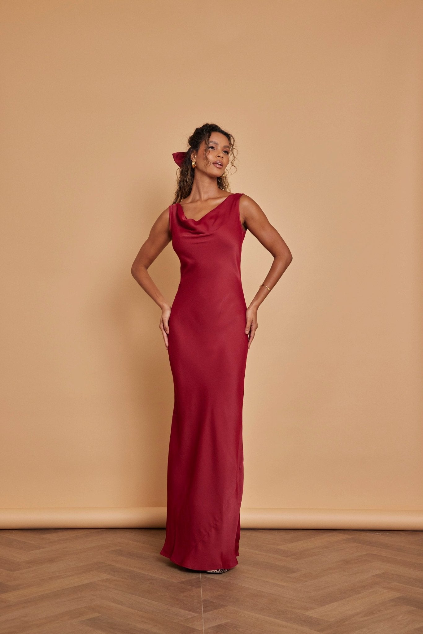 Pandy Satin Cowl Dress - Burgundy - Maids to Measure