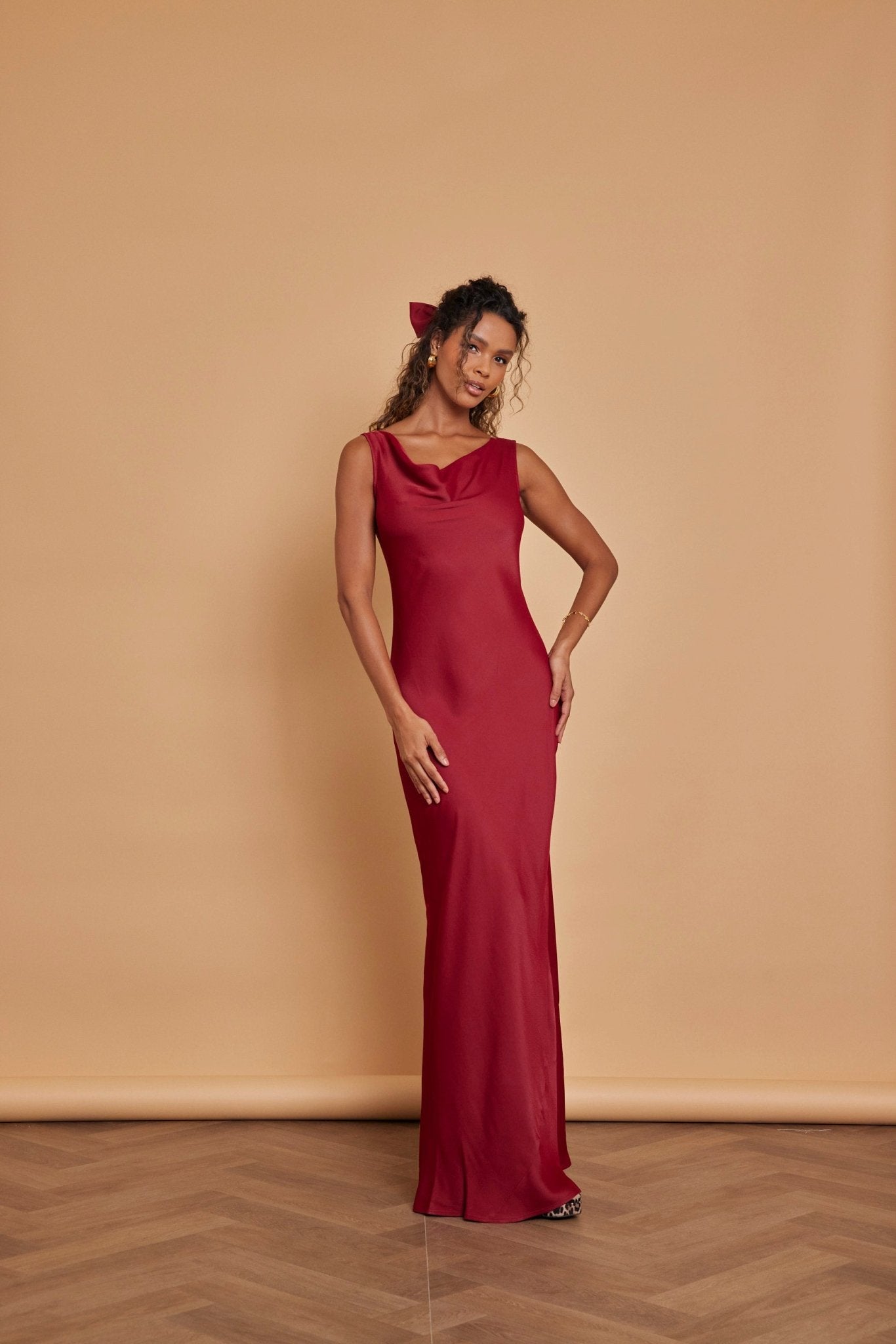 Pandy Satin Cowl Dress - Burgundy - Maids to Measure