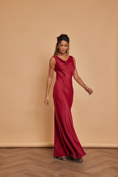 Pandy Satin Cowl Dress - Burgundy - Maids to Measure