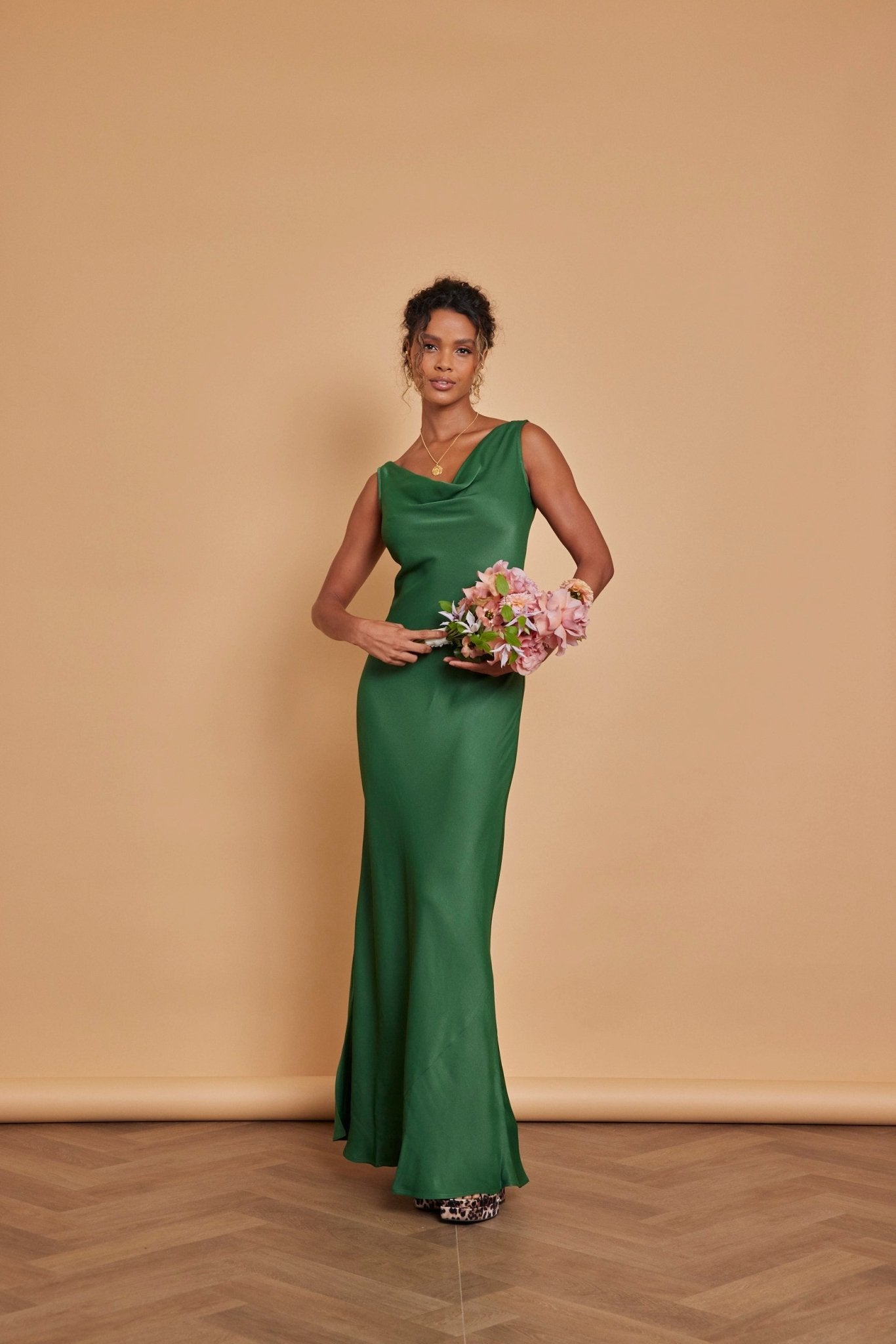 Pandy Satin Cowl Dress - Emerald Green - Maids to Measure