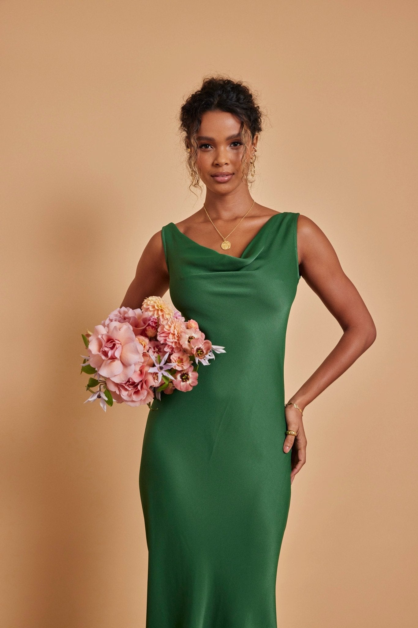 Pandy Satin Cowl Dress - Emerald Green - Maids to Measure