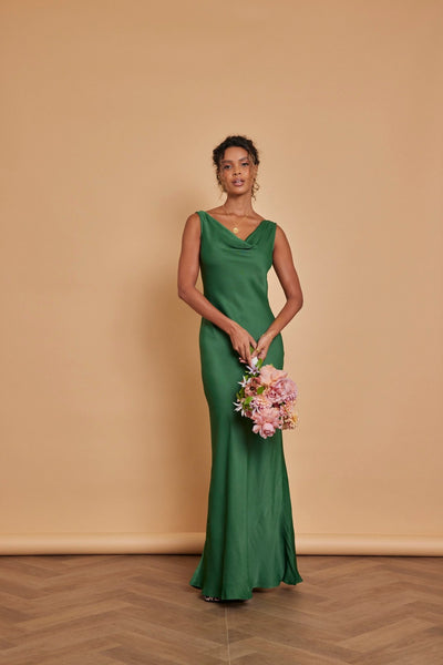 Pandy Satin Cowl Dress - Emerald Green - Maids to Measure