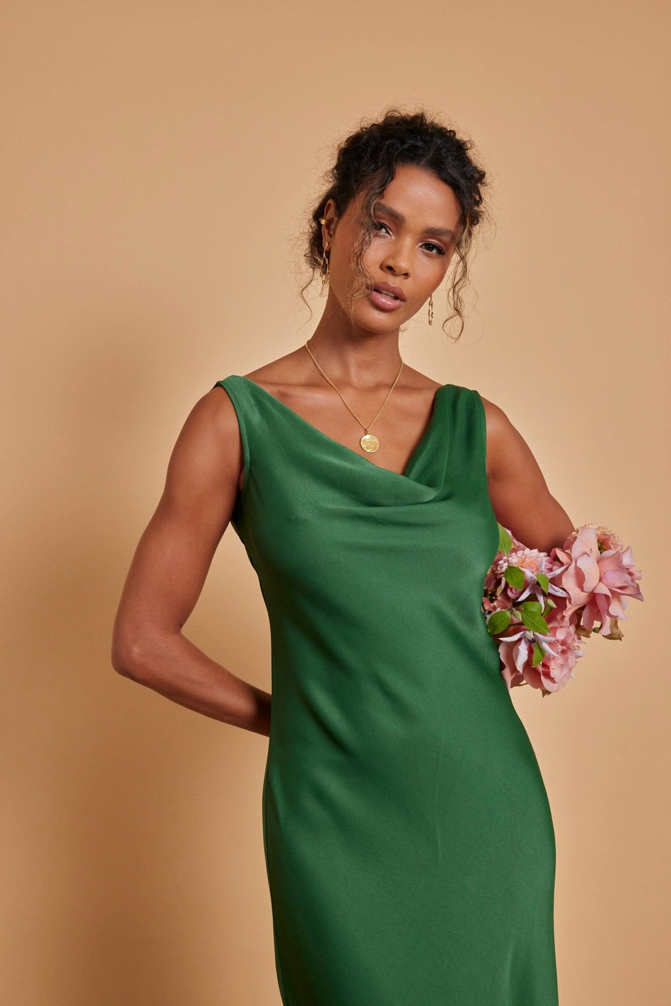 Pandy Satin Cowl Dress - Emerald Green - Maids to Measure