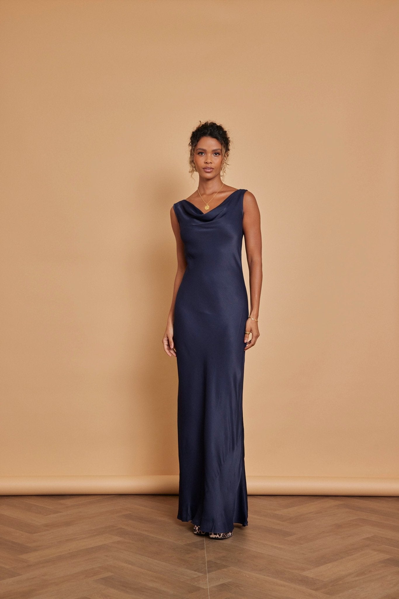 Pandy Satin Cowl Dress - Navy Blue - Maids to Measure