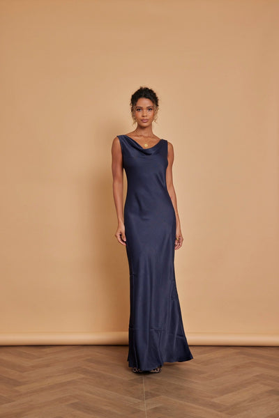 Pandy Satin Cowl Dress - Navy Blue - Maids to Measure