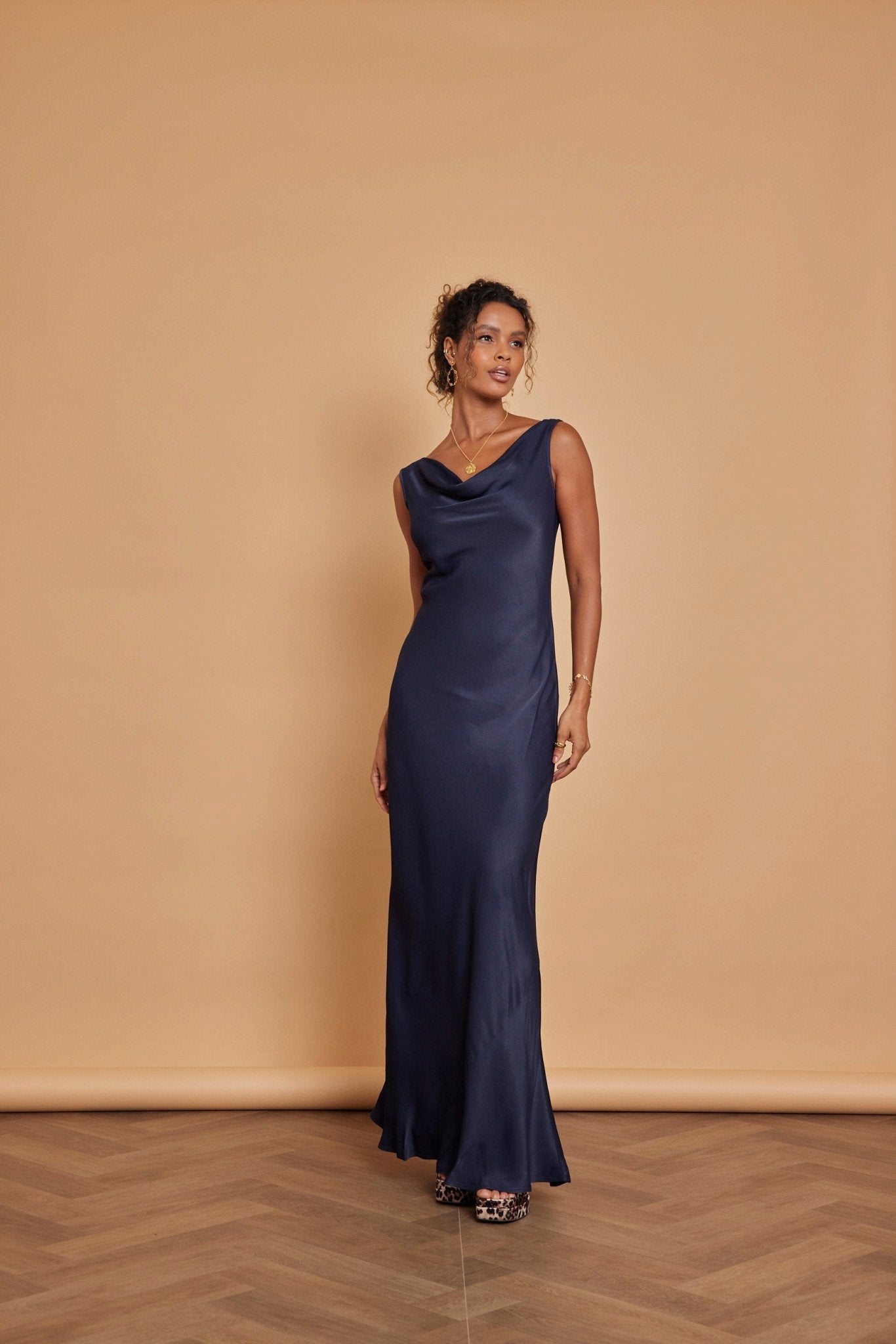 Pandy Satin Cowl Dress - Navy Blue - Maids to Measure