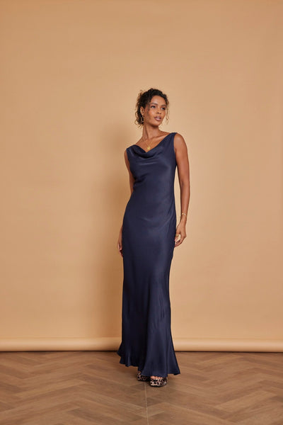 Pandy Satin Cowl Dress - Navy Blue - Maids to Measure