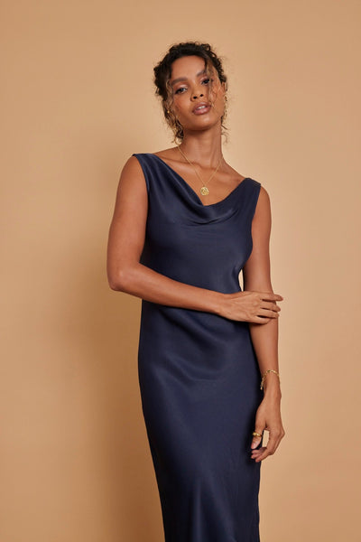 Pandy Satin Cowl Dress - Navy Blue - Maids to Measure