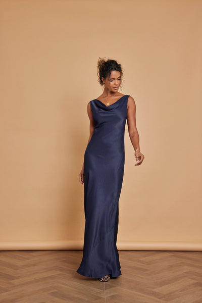 Pandy Satin Cowl Dress - Navy Blue - Maids to Measure