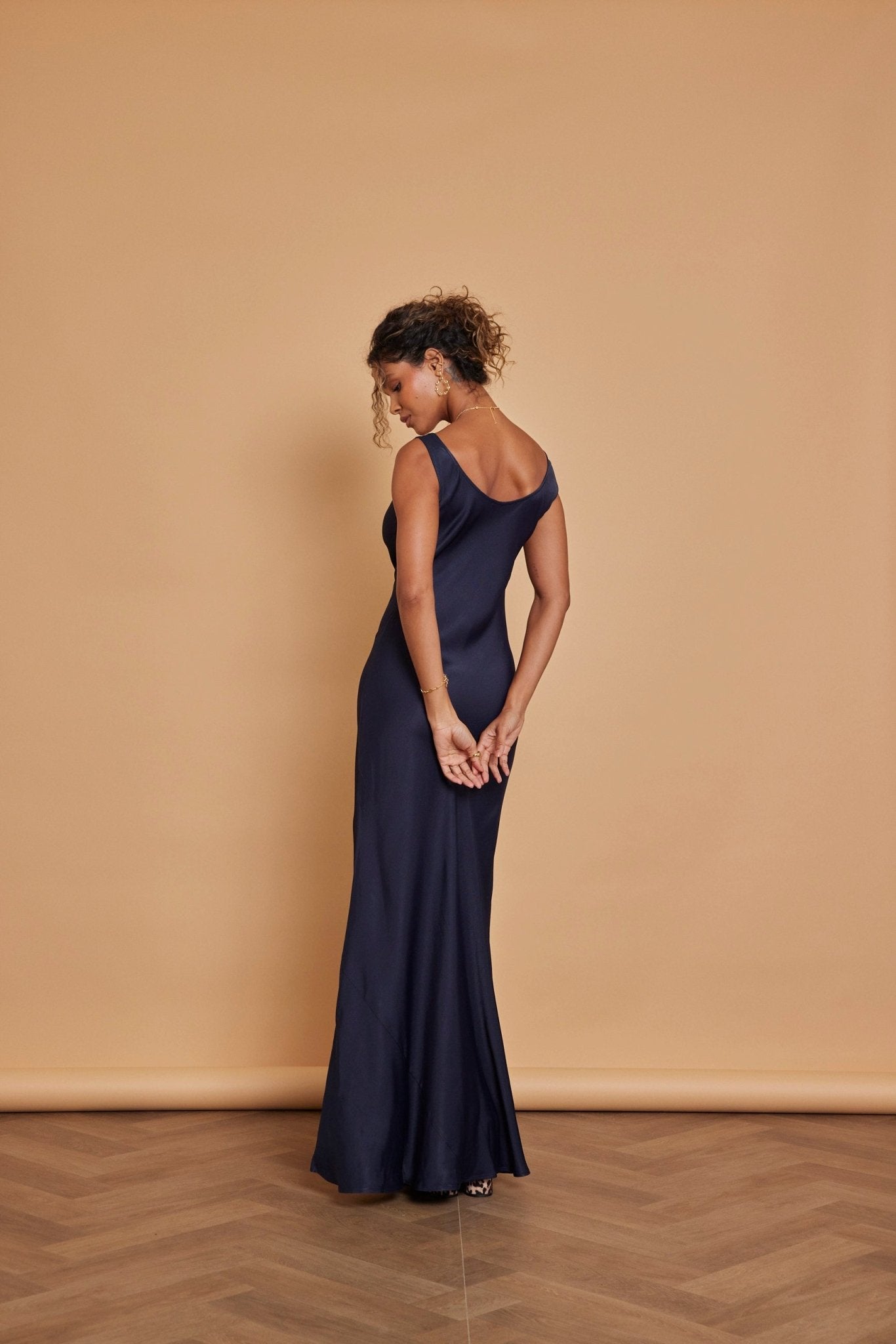 Pandy Satin Cowl Dress - Navy Blue - Maids to Measure