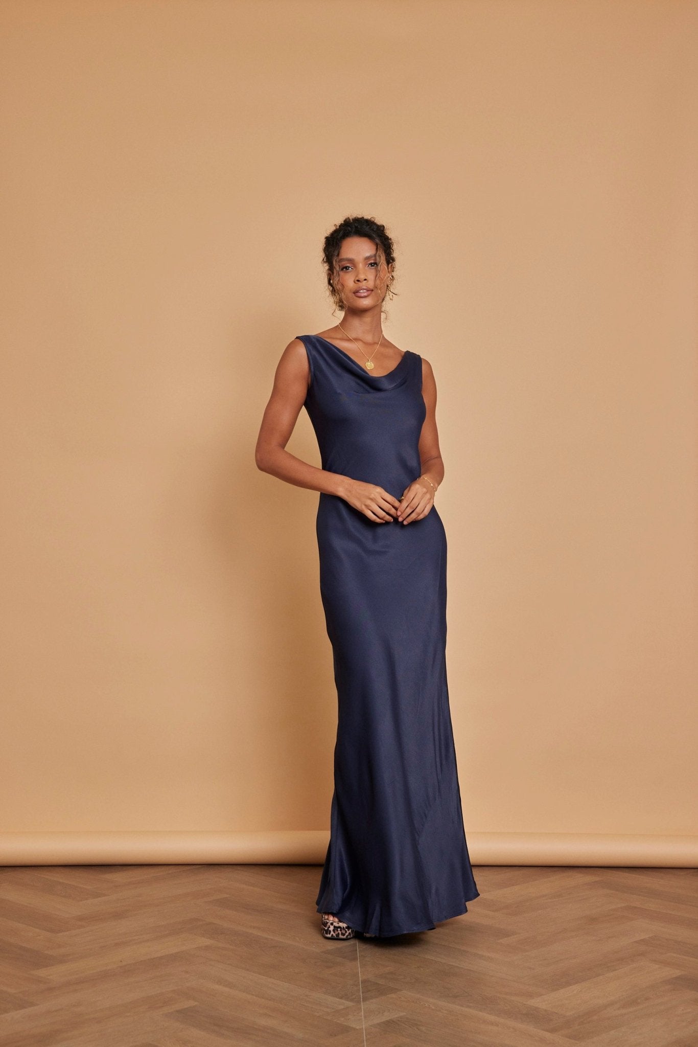 Pandy Satin Cowl Dress - Navy Blue - Maids to Measure