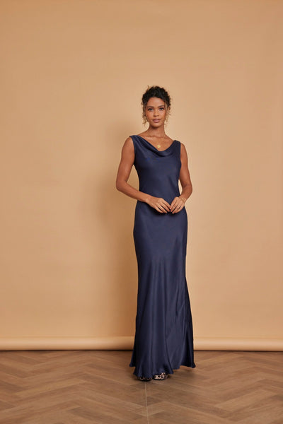 Pandy Satin Cowl Dress - Navy Blue - Maids to Measure