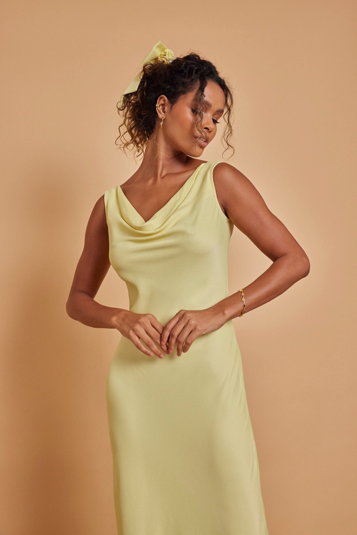 Pandy Satin Cowl Dress - Yellow - Maids to Measure