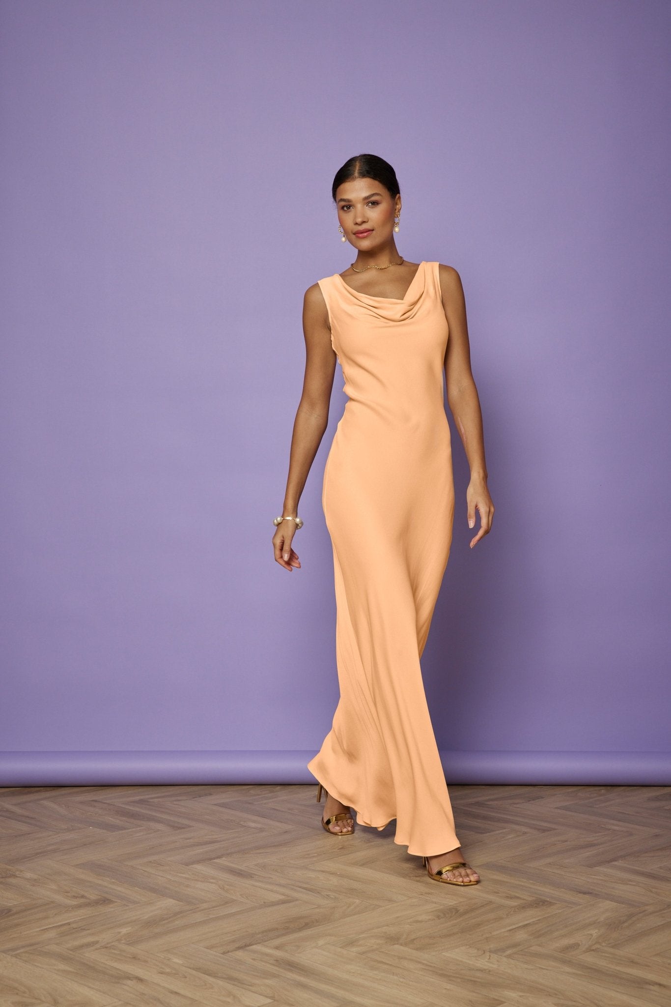 Pandy Satin Cowl Peach Bridesmaid Dress - Maids to Measure