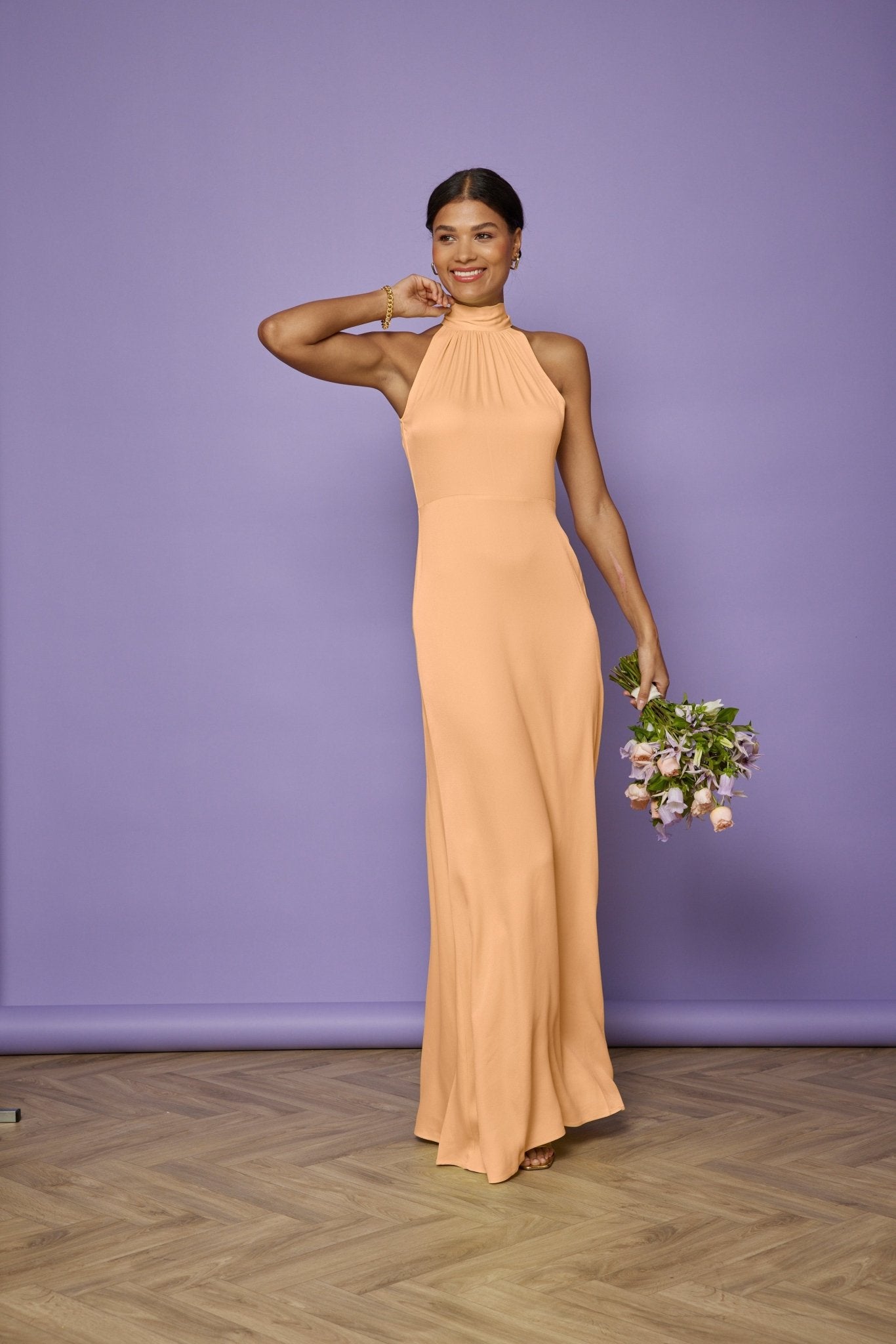 Tilly Satin High Neck - Peach NEW! - Maids to Measure