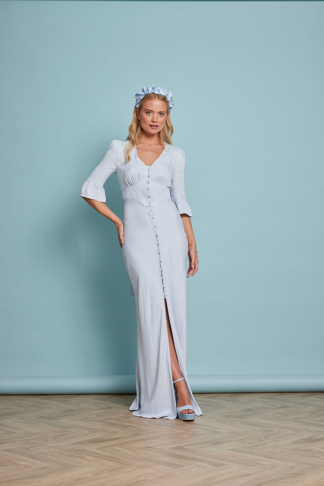 Daphne Satin V Neck Dress Pale Blue