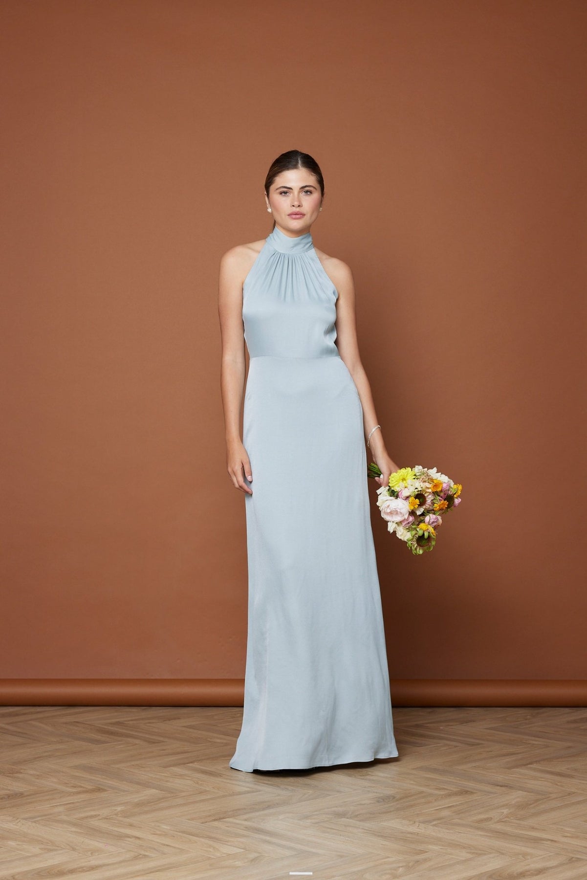 Jasmine Halter Maxi Dress ~ Steel Blue Luxe Satin